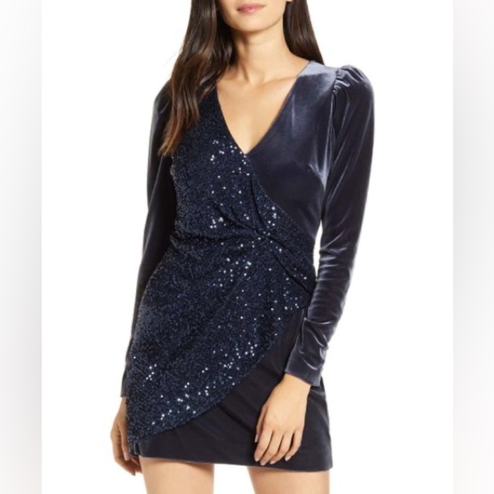 BAILEY 44 Navy Blue Velvet Sequin Long Sleeve Dress Small